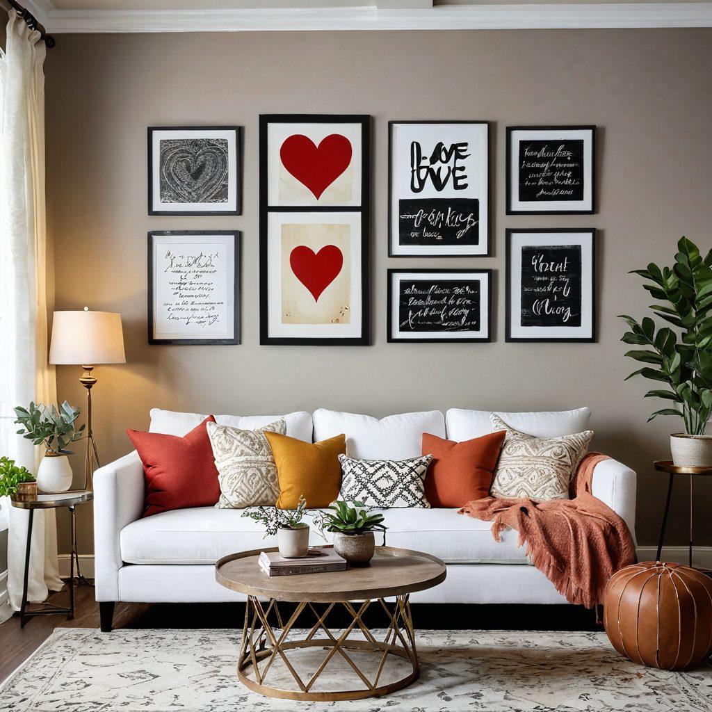 A cozy, inviting living room showcasing an array of unique wall decor pieces, including heart-shaped frames, handwritten love quotes, and vibrant artwork that radiates warmth. Soft, ambient lighting highlights rich textures and colors, fostering a sense of affection and togetherness. A couple can be seen admiring their decor with smiles, embodying the spirit of adoration. Include a mix of styles like bohemian and minimalist for contrast. super-realistic. warm tones. textured surfaces.