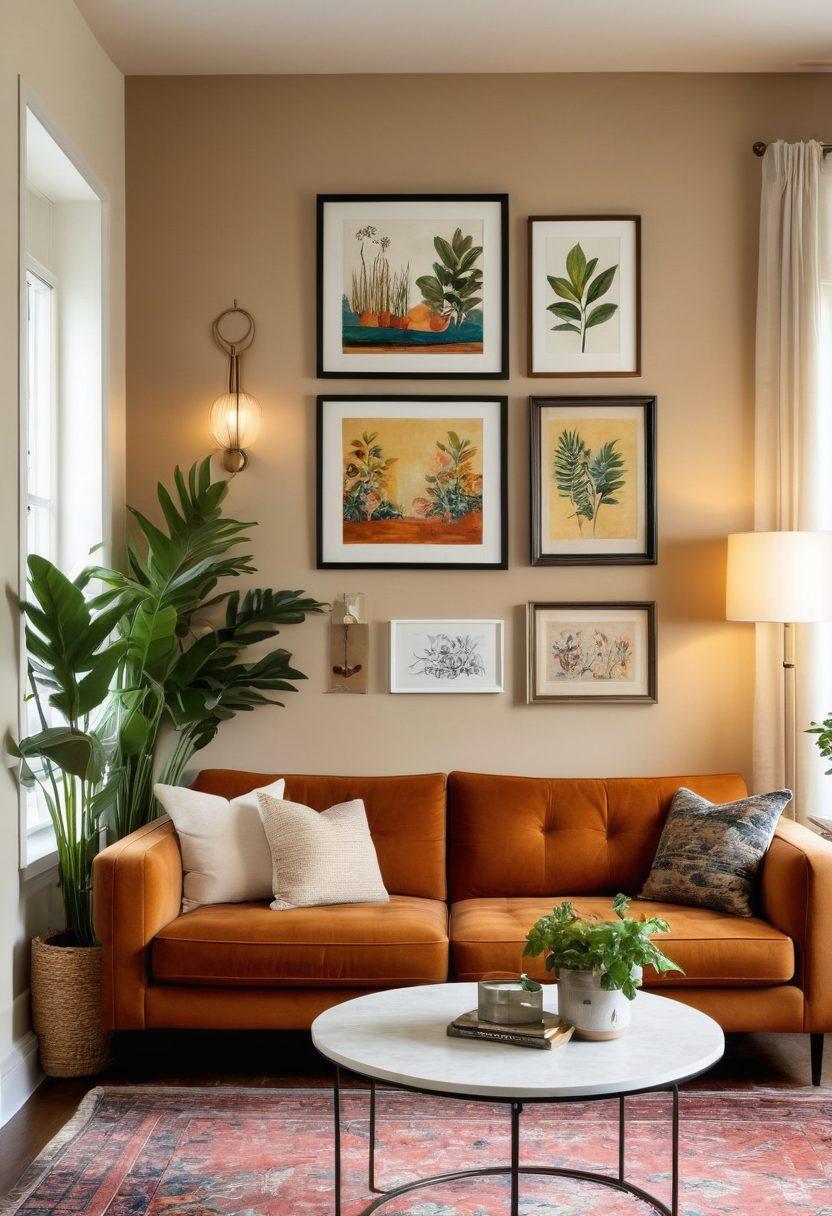A cozy living room adorned with unique wall decor elements, featuring a mix of vintage and modern art pieces that exude romance. Soft, warm lighting highlights the textures of decorative wall hangings and framed artworks. A comfortable couch is positioned in front of a tastefully decorated wall, with plants adding a touch of nature. The overall ambiance is inviting and aesthetically pleasing. super-realistic. warm tones. vibrant colors.