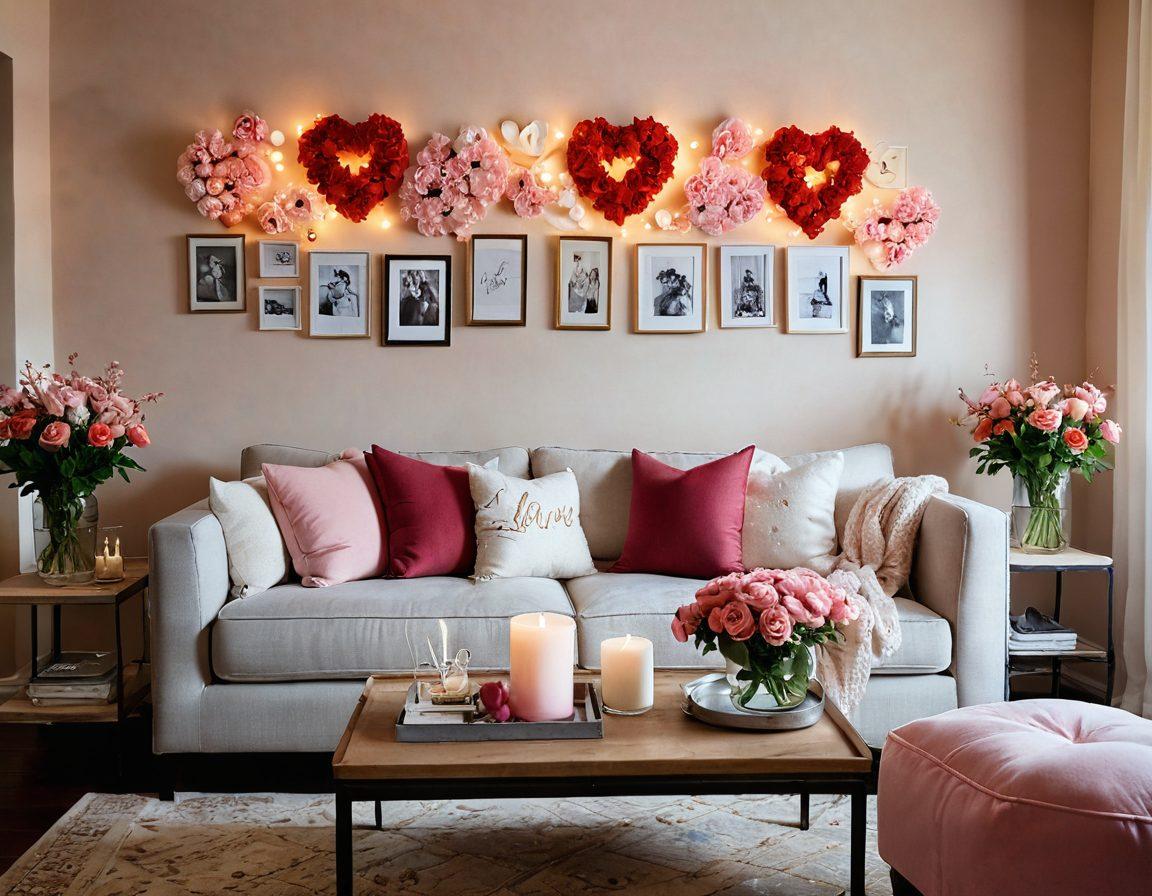 A beautifully styled living room filled with soft, warm lighting, rich textures, and romantic elements like fresh flowers and framed love quotes on the wall. Include cozy seating areas with heart-shaped cushions, a subtle color palette of pinks and reds, and a gentle, inviting ambiance that evokes feelings of warmth and love. Capture the essence of personal touches like photographs of couples and candles. super-realistic. warm tones. vibrant colors.